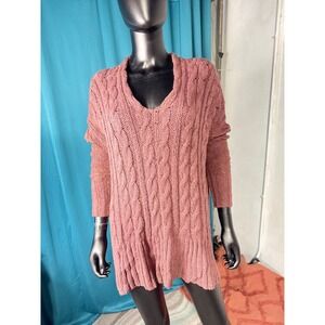Free People Dusty Rose Cable Knit V Neck Long Sleeve Tunic‎ Sweater XS